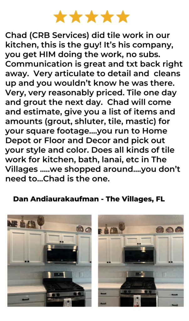 5-star customer review for CRB Services Pro, a tile contractor in The Villages, FL.