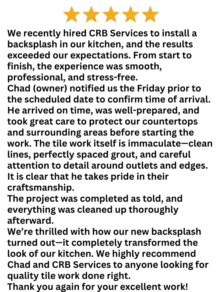 5-star customer review for CRB Services Pro, a tile contractor in The Villages, FL.