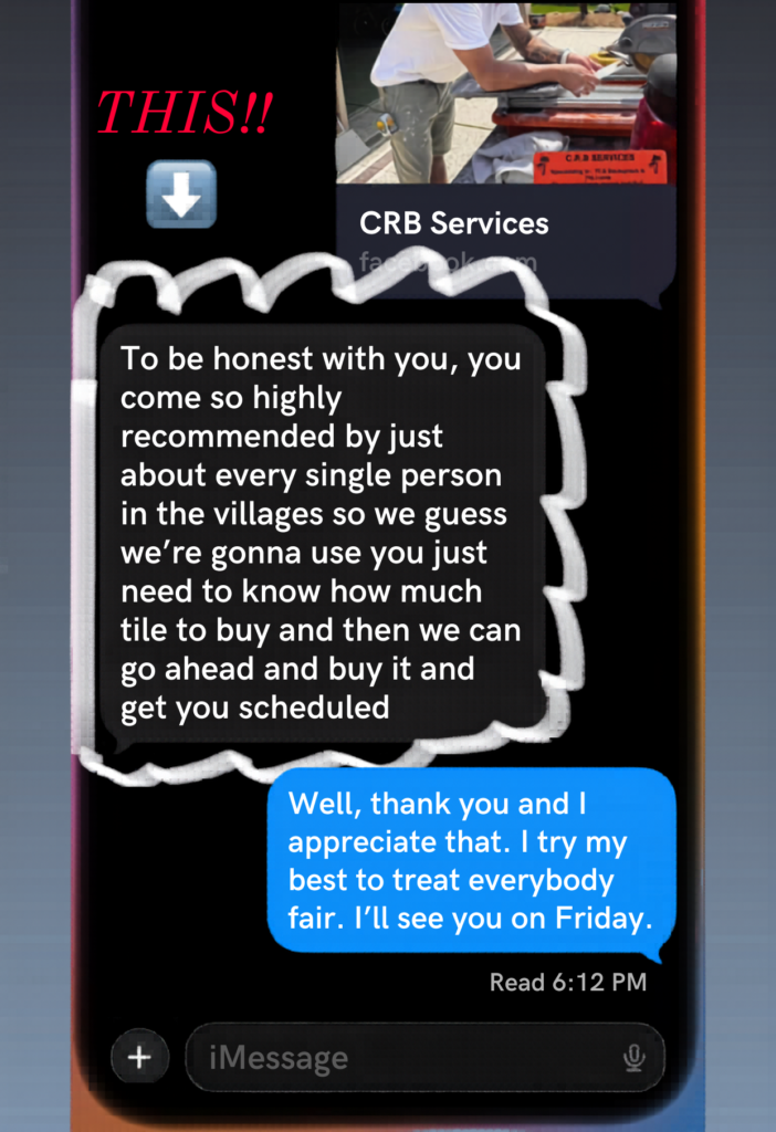 5-star customer review for CRB Services Pro, a tile contractor in The Villages, FL.
