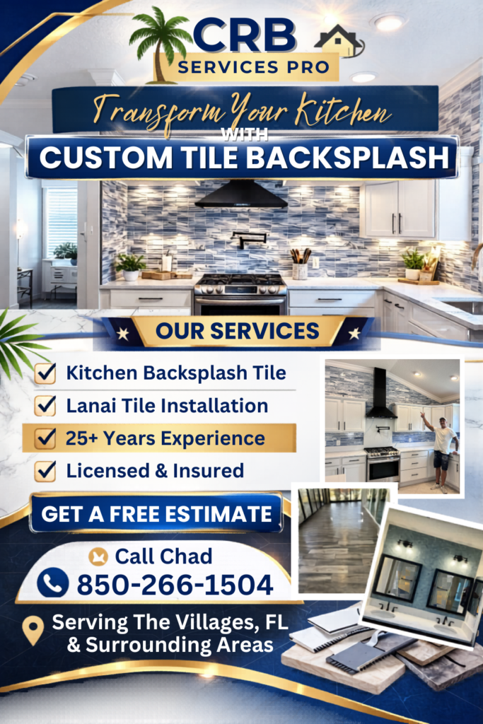An advertisement for CRB Services Pro, featuring the headline "Transform Your Kitchen with Custom Tile Backsplash."
The flyer showcases a modern kitchen with a vibrant blue and white patterned tile backsplash, a white countertop, and a stainless steel stove.