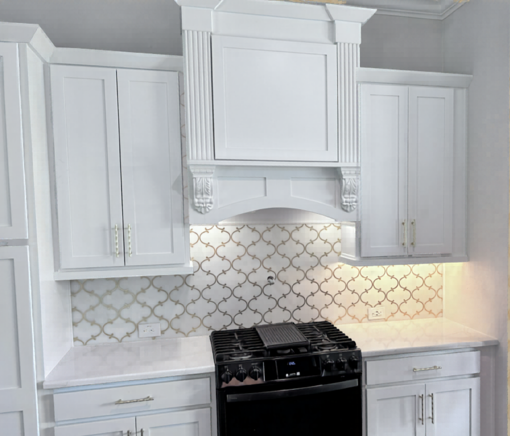 Elegant arabesque pattern kitchen backsplash tile installed by CRB Services Pro.